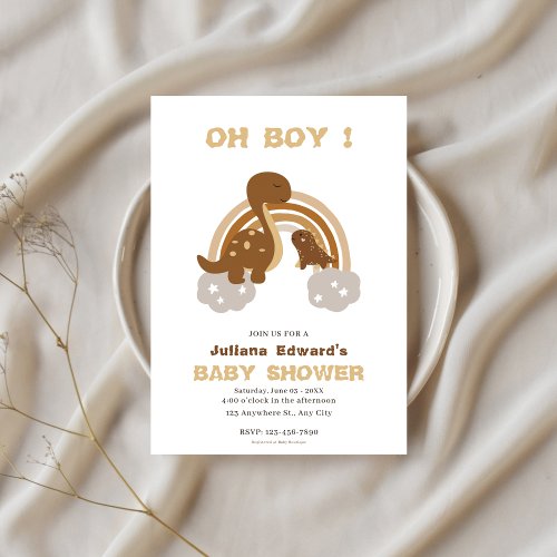 Brown Rainbow Dinosaur cute Little Baby Boy Shower Invitation