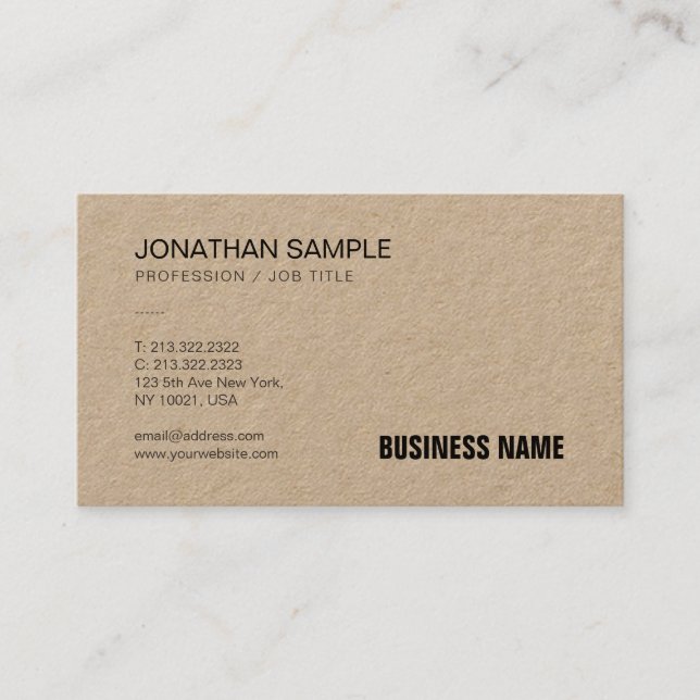 Brown Real Kraft Paper Elegant Modern Template Top Business Card (Front)