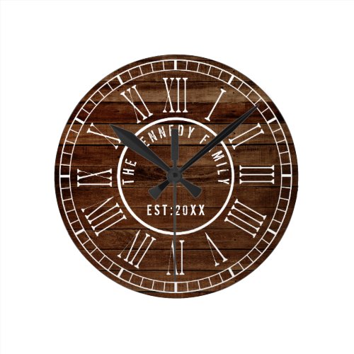 Brown Reclaimed Wood White Roman Numeral  Family Round Clock