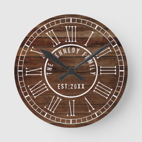 Brown Reclaimed Wood White Roman Numeral  Family Round Clock