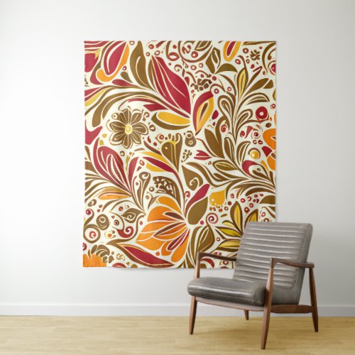 Brown Red Abstract Botanical Floral Leave Pattern  Tapestry