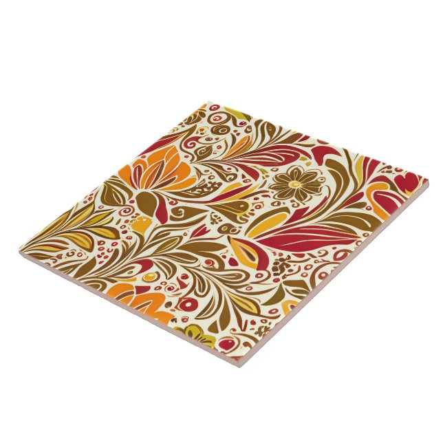 Brown Red Abstract Botanical Floral Leaves Pattern Ceramic Tile (Side)