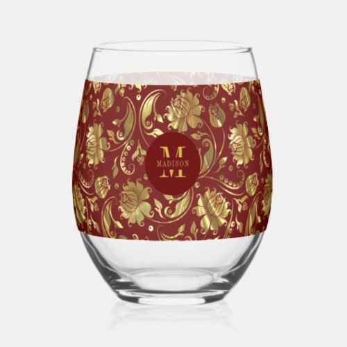 Brown Red and Gold Floral Damask Monogram Stemless Wine Glass