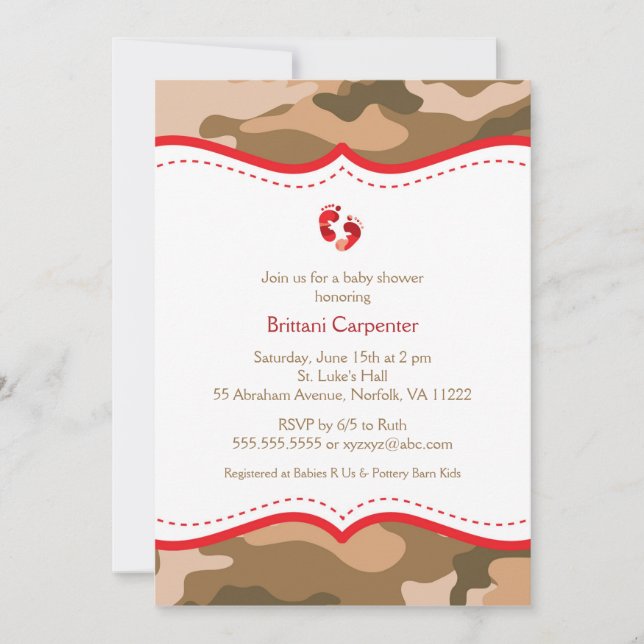 Brown & Red Camo Baby Shower Invitation with feet (Front)