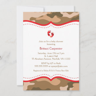 Brown & Red Camo Baby Shower Invitation with feet