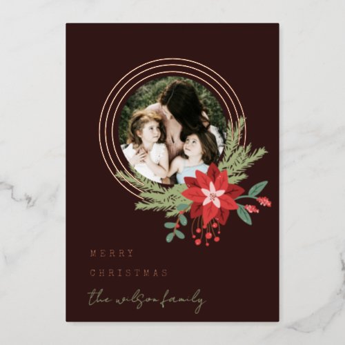 Brown Red Circle Photo Poinsettia Merry Christmas Foil Holiday Card