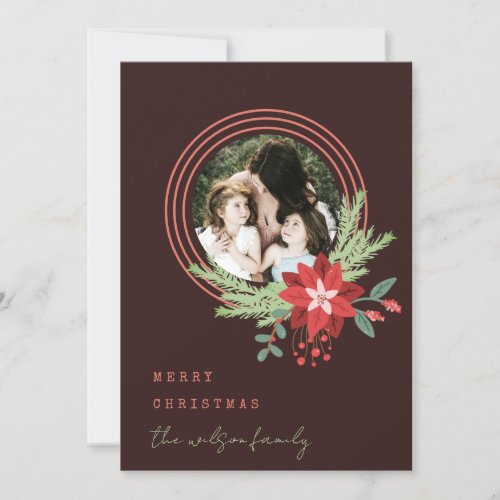 Brown Red Circle Photo Poinsettia Merry Christmas Holiday Card