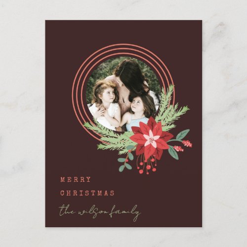 Brown Red Circle Photo Poinsettia Merry Christmas Holiday Postcard