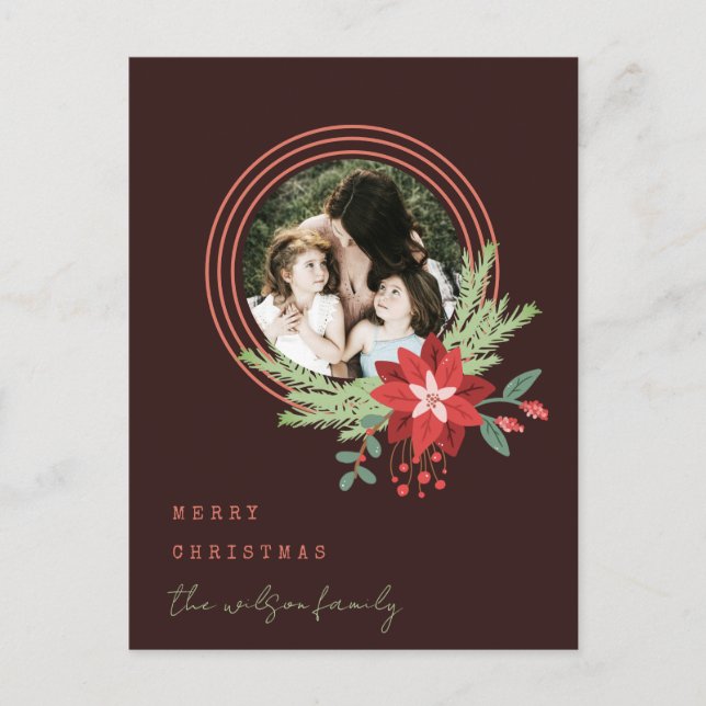 Brown Red Circle Photo Poinsettia Merry Christmas Holiday Postcard (Front)