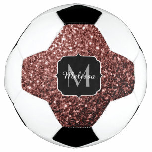 Brown red faux glitter sparkle Monogram name Soccer Ball