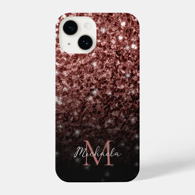 Brown Red faux Glitter sparkles bling Monogram iPhone Case (Back)