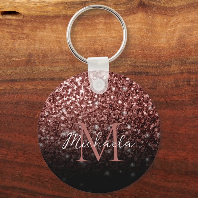 Brown Red faux Glitter sparkles bling Monogram Keychain (Back)