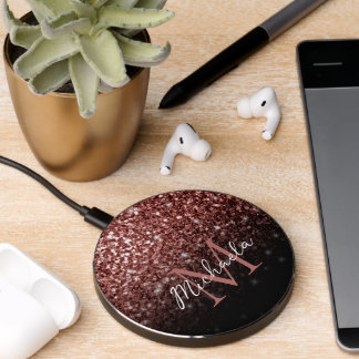 Brown Red faux Glitter sparkles bling Monogram Wireless Charger