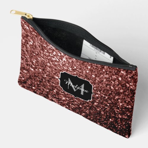 Brown red faux glitter sparkles Monogram Accessory Pouch