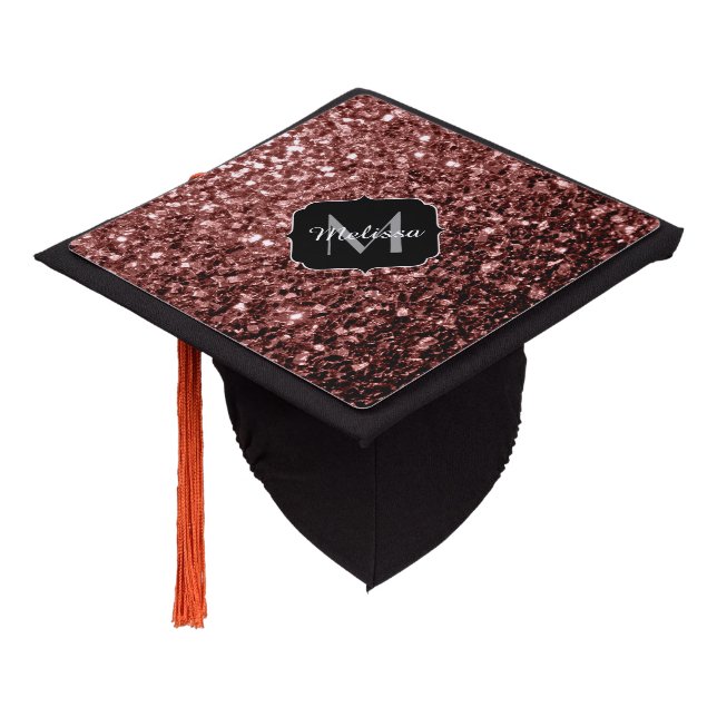 Brown Red faux Glitter sparkles Monogram Graduation Cap Topper (Angled)