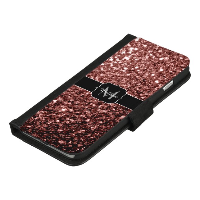 Brown Red faux Glitter sparkles Monogram iPhone Wallet Case (Bottom)