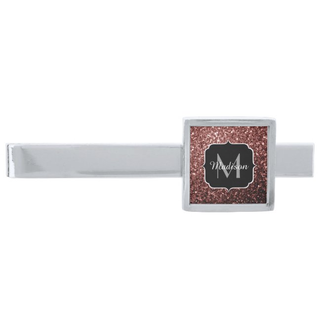 Brown Red faux Glitter sparkles Monogram Silver Finish Tie Bar (Front)