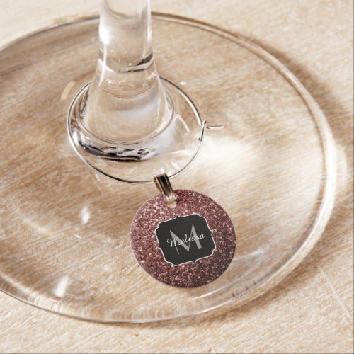 Brown Red faux Glitter sparkles Monogram Wine Charm