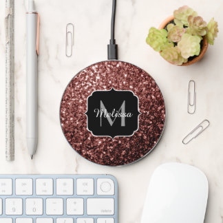 Brown Red faux Glitter sparkles Monogram Wireless Charger