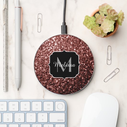 Brown Red faux Glitter sparkles Monogram Wireless Charger (Desk)