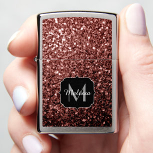 Brown Red faux Glitter sparkles Monogram Zippo Lighter