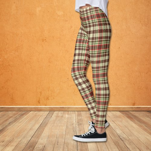 Brown Red Green Check Plaid Pattern Leggings