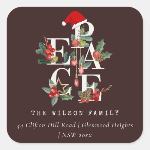 Brown Red Green Peace Christmas Foliage Address Square Sticker