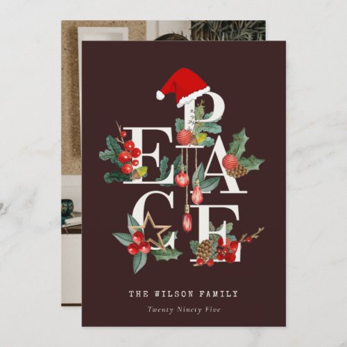 Brown Red Green Peace Christmas Foliage Photo Holiday Card