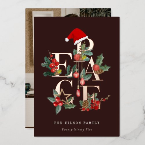 Brown Red Green Photo Peace Christmas Foliage Foil Holiday Card
