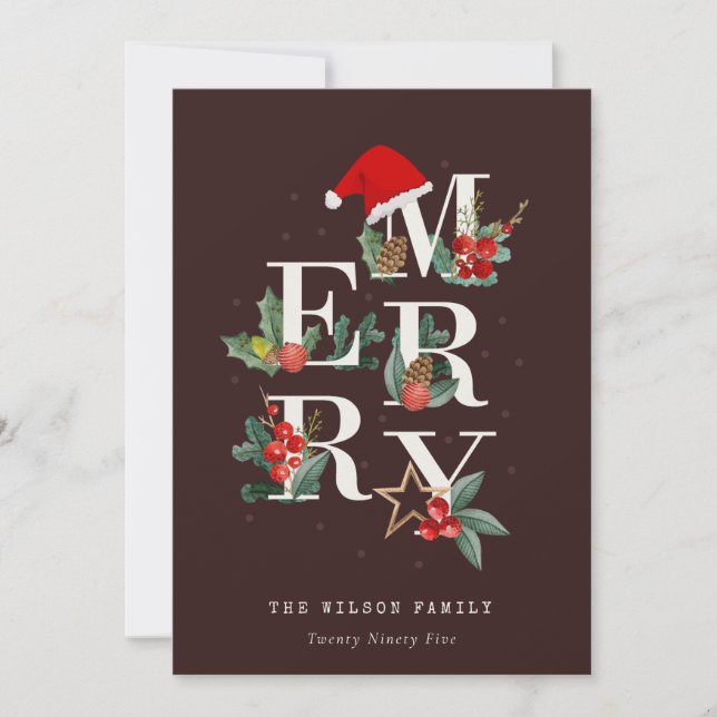 Brown Red Green White Merry Christmas Foliage Holiday Card (Front)