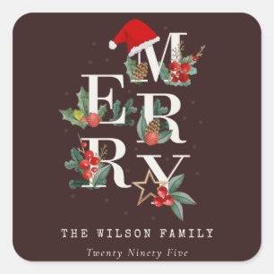 Brown Red Green White Merry Christmas Foliage Square Sticker