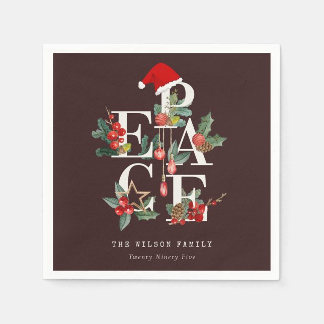 Brown Red Green White Peace Christmas Foliage Napkins (Front)