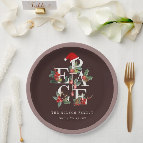Brown Red Green White Peace Christmas Foliage Paper Plates