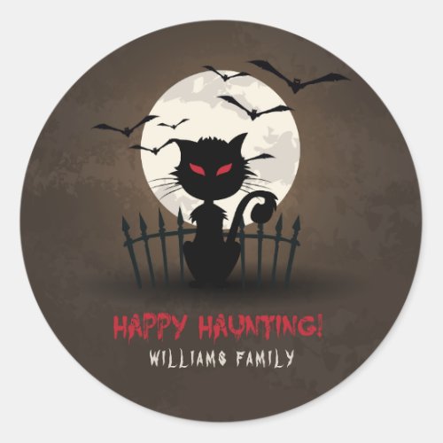 Brown  Red Happy Hunting Scary Cat Classic Round Sticker