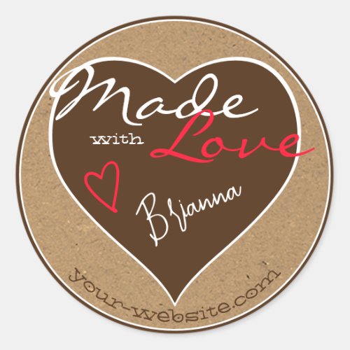 Brown Red Kraft Paper Made with Love Heart Shape Classic Round Sticker