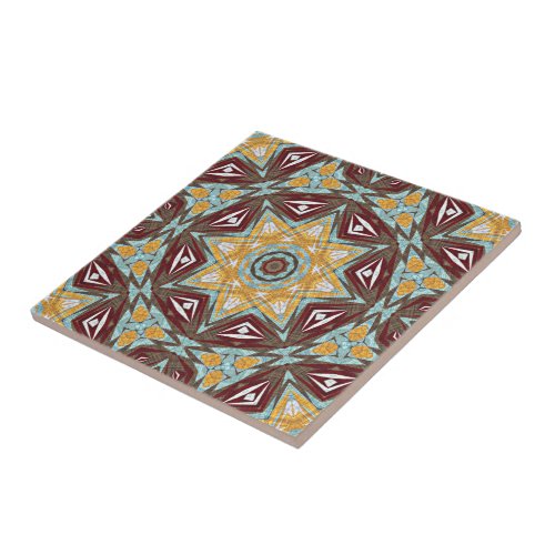 Brown Red Mustard Yellow Aqua Ethnic Tribe Art Ceramic Tile