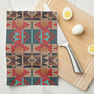 Brown Red Orange Teal Blue Tribal Art Pattern Kitchen Towel