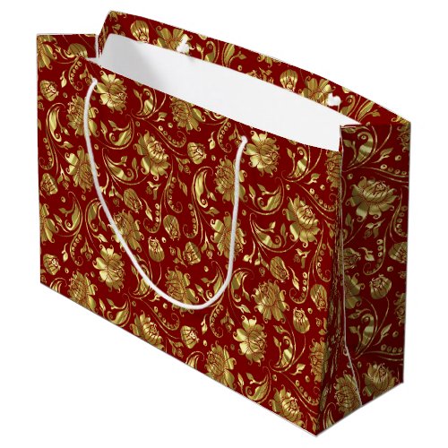 Brown_red  Shiny Gold Damask Pattern Large Gift Bag