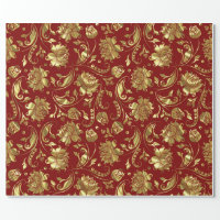 Brown-red & Shiny Gold Damask Pattern Wrapping Paper