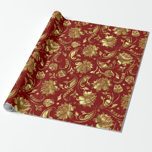 Brown_red  Shiny Gold Damask Pattern Wrapping Paper