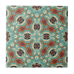 Brown Red Terracotta Turquoise Ethnic Tribe Art Ceramic Tile