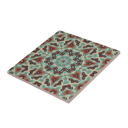 Brown Red Terracotta Turquoise Ethnic Tribe Art Ceramic Tile