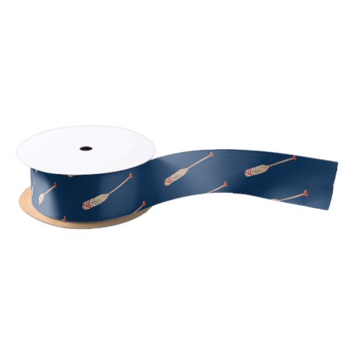 Brown red watercolor paddle illustration on navy  satin ribbon
