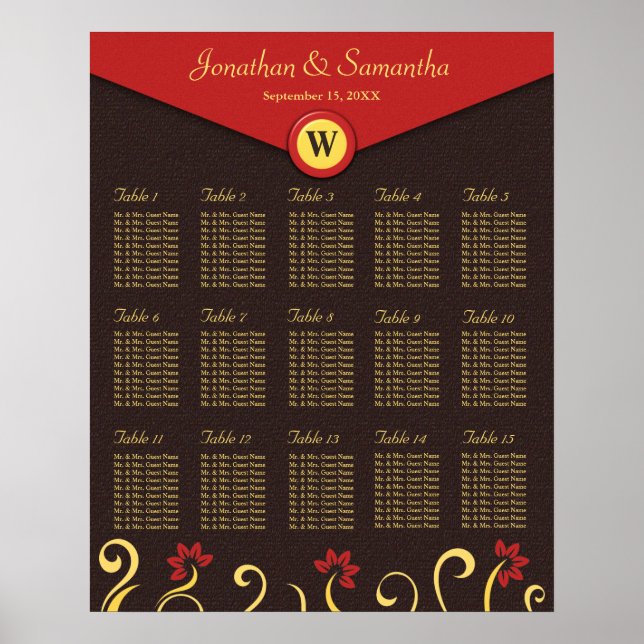 Brown Red Yellow Swirls Table Seating Chart 15 (Front)