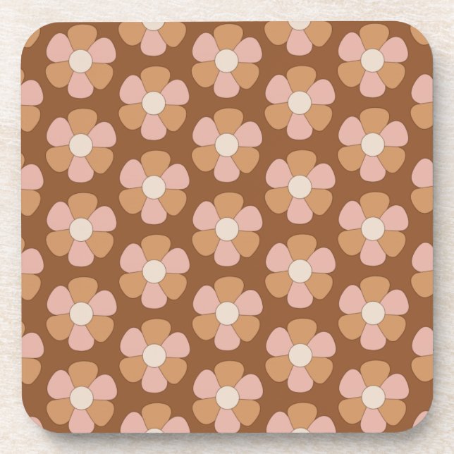 Brown Retro 70s Neutral Flowers  Beverage Coaster (Front)