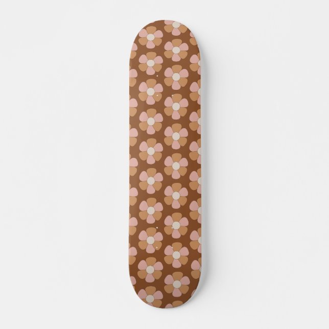 Brown Retro 70s Neutral Flowers  Skateboard (Front)