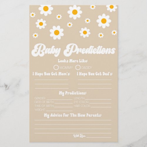 Brown Retro Daisy Baby Shower Predictions Activity Stationery