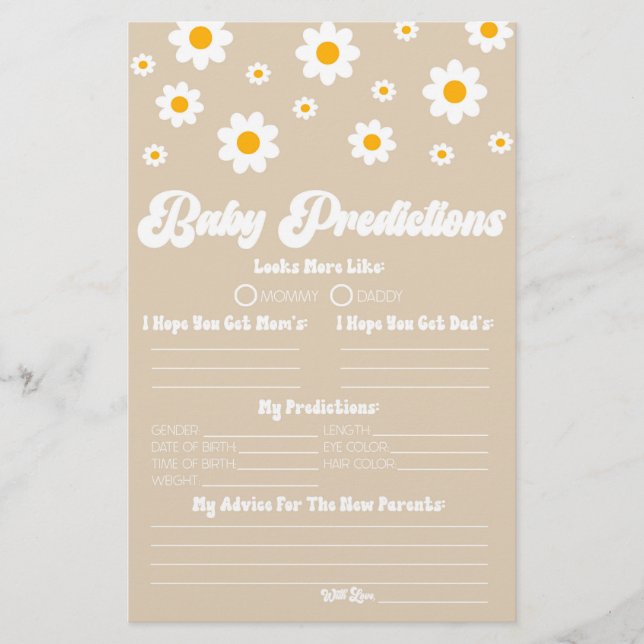 Brown Retro Daisy Baby Shower Predictions Activity Stationery (Front)