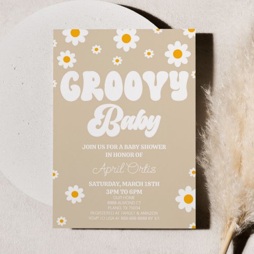 Brown Retro Daisy Flower Groovy Baby Baby Shower Invitation