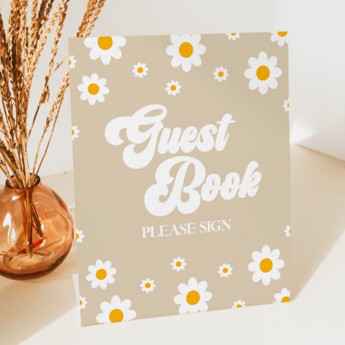 Brown Retro Daisy Flower Guest Book Party Sign